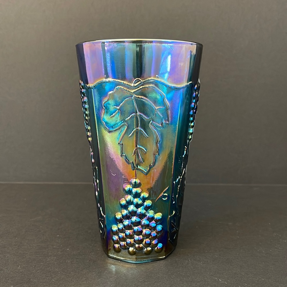 VINTAGE INDIANA BLUE CARNIVAL GLASS Harvest Grape Coolers (14oz)